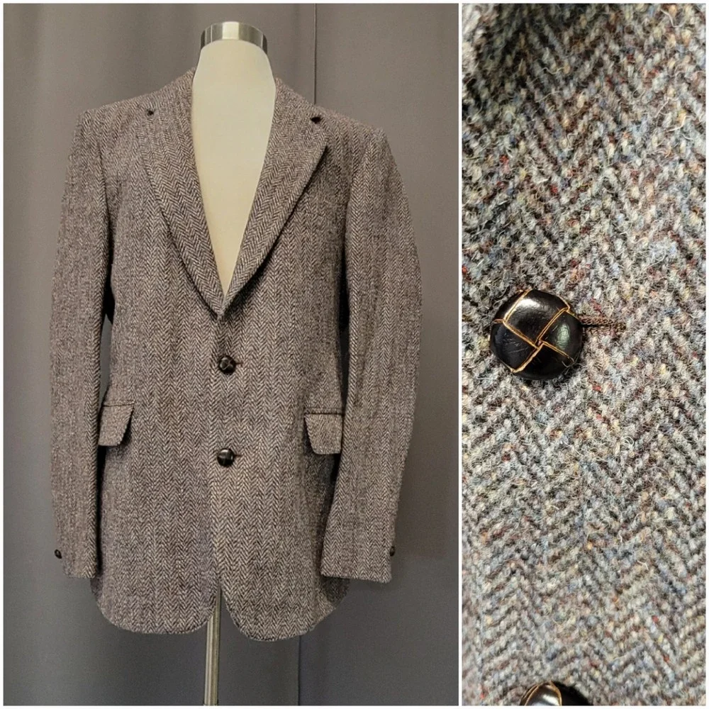 Vintage 80s  Harris Tweed Blazer Brown Herringbone Wool Sport Coat 40R‎